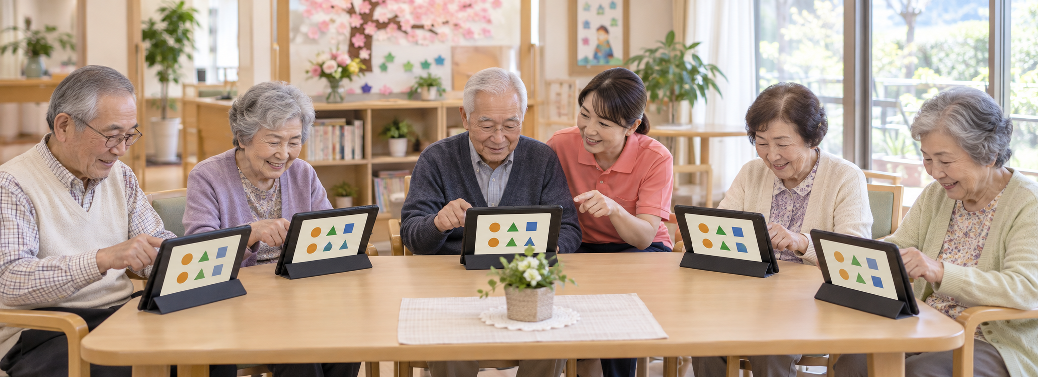 1人のスタッフが5人の高齢者を支援し、それぞれのタブレットで同じゲームに取り組む利用イメージ